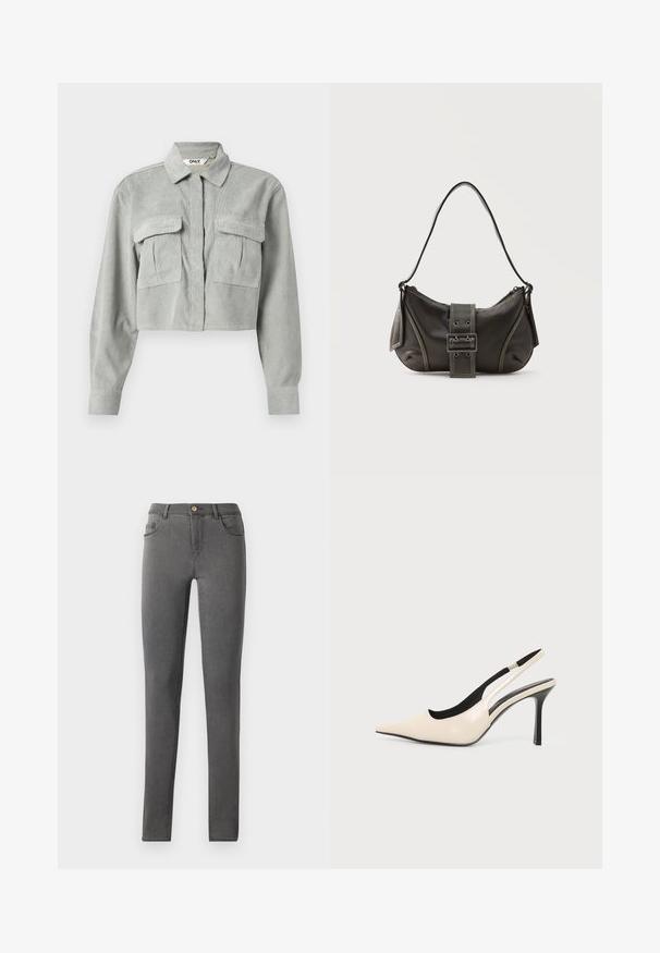 Skåret grå corduroy skjorte med lange ærmer, to brystlommer og en spids krave. Stoffet har et subtilt tekstureret mønster.; Grå denim skinny jeans med en tætsiddende pasform, fem lomme stil og en enkelt metalknaplukning i taljen.; Beige spids tå slingback højhælede sko med sort indvendig foring og slank sort stilethæl på hvid baggrund.; Sort læder skuldertaske med spænde på remmen, afrundede kanter og kontrasterende hvide syninger på en ensfarvet baggrund.