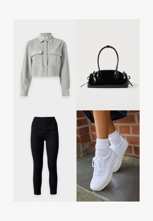 Skåret grå corduroy skjorte med lange ærmer, to brystlommer og en spids krave. Stoffet har et subtilt tekstureret mønster.; Sorte skinny jeans med høj talje, lavet af stræk denim. Har en lukning med knap foran og to baglommer. Glat tekstur.; Hvide lærreds sneakers med gummisåler, der har seks snørehuller, rund tå og let sømdetaljer, krydret med hvide ankelstrømper.; Lille sort blank håndtaske med to lange håndtag og snøre-detaljer i siden på en ensfarvet lys baggrund.