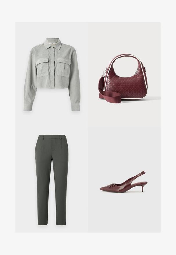 Skåret grå corduroy skjorte med lange ærmer, to brystlommer og en spids krave. Stoffet har et subtilt tekstureret mønster.; Mørkegrønne bukser med skræddersyet pasform, der har to sidelommer, lynlås, og lægdetaljer for en struktureret design.; Bordeaux læder slingback hæl med spidse tå, justerbar rem og dekorativ sløjfedetalje foran. 7,5 cm hælhøjde.; Mørkerød vævet lædertaske med buet hank, hvid kant, sølv lynlås og aftagelig bred stofskulderrem mod en ensfarvet baggrund.