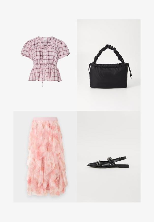 Blouse peplum à manches courtes en rose clair et à motif vichy blanc. Dotée d'un nœud à l'avant, de fronces à la taille et en coton doux.; Jupe midi en tulle rose à couches avec motif floral et taille élastique, présentant des textures douces et volantées.; Even&Odd Ballerines à brides arrière - black; Sac noir en tissu doux et lisse. Présente une anse froncée et un système de fermeture à cordon, avec une forme rectangulaire et aucun matériel visible.