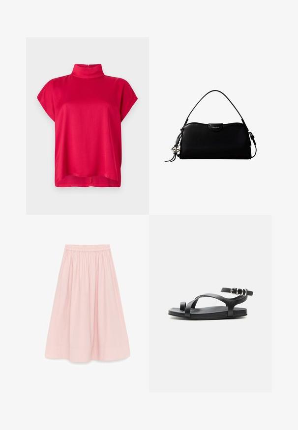 Top rojo de manga corta con cuello alto, hecho de tela suave. Presenta un ajuste relajado y cremallera en la parte posterior. Diseño sencillo sin patrones.; Falda rosa claro hasta la rodilla con cintura elástica y tela recogida y fluida.; Sandalia plana negra con lazo fino para el dedo, tiras entrecruzadas y correa ajustable en el tobillo con hebilla plateada, mostrada sobre un fondo sencillo.; Bolso rectangular negro de Calvin Klein con una única correa superior, dije con el logo plateado y un pequeño cierre de solapa en la parte frontal.