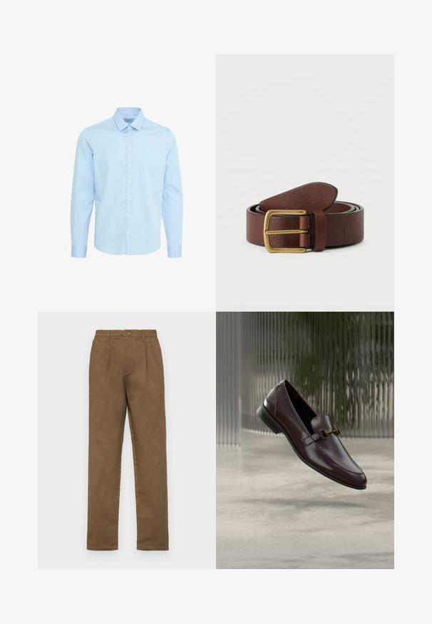 Chemise à manches longues bleu clair en coton, dotée d'un motif à carreaux, d'un devant à boutons et d'un col standard avec des poignets à bouton.; Pantalons en coton marron avec une coupe droite, dotés d'une fermeture à un bouton, de passants de ceinture et de plis marqués à l'avant.; Mocassin en cuir marron à finition lisse, bout carré, et accent en métal doré. Dispose d'un talon bas et de détails de couture subtils.; Ceinture en cuir marron enroulée avec une boucle rectangulaire en laiton sur un fond clair uni.