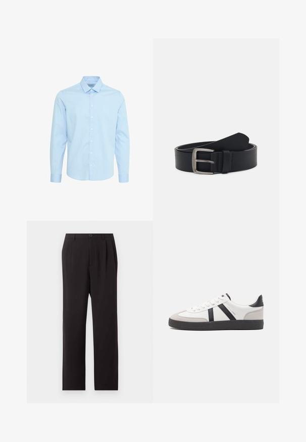 Chemise à manches longues bleu clair en coton, dotée d'un motif à carreaux, d'un devant à boutons et d'un col standard avec des poignets à bouton.; Pantalon noir taille haute sur mesure avec plis, fermeture par boutons, passants de ceinture et jambes droites sur un fond clair uni.; Baskets blanches avec des accents noirs et gris, présentant un embout texturé gris, une semelle en caoutchouc noir et des lacets plats blancs. Design épuré, style minimaliste.; Ceinture en cuir noir avec une boucle en métal argenté, présentant une finition lisse et un design classique. La ceinture est enroulée avec l'extrémité pointée.