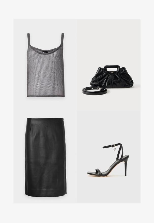 Top gris sin mangas hecho de una suave tela de punto texturizada con un corte holgado y escote redondeado. Presenta tirantes delgados.; Falda lápiz de piel negra con textura suave, diseñada con una cintura alta y aberturas laterales, con líneas limpias y un detalle mínimo.; Sandalia de tacón alto negra con una estrecha correa en el tobillo, punta cuadrada, material de cuero liso y detalle de hebilla metálica.; Bolso pequeño de cuero negro con textura fruncida, asa rectangular y correa de hombro delgada y desmontable colocada al lado.