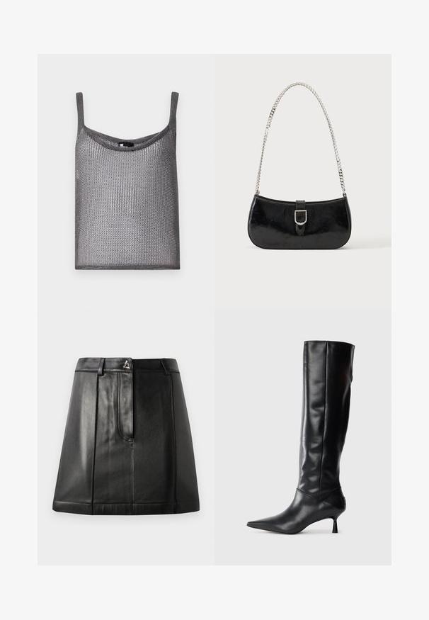 Top gris sin mangas hecho de una suave tela de punto texturizada con un corte holgado y escote redondeado. Presenta tirantes delgados.; Falda de cuero negro con una forma estructurada, que cuenta con un bolsillo frontal y un accesorio metálico en la cintura. Textura suave y detalles de costura.; Bota de cuero negra hasta la rodilla con punta afilada y tacón delgado curvado. Textura suave, diseño ajustado y sin hardware ni patrones visibles.; Bolso de hombro de charol negro con detalle de hebilla plateada y correa de cadena plateada, presentado sobre un fondo liso y claro.