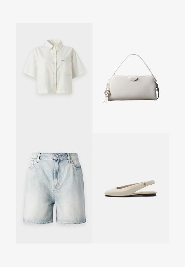 Camisa blanca de manga corta con cuello, hecha de algodón, con un diseño corto, dos bolsillos en el pecho y una pequeña etiqueta con el logo.; Pantalones cortos de mezclilla azul claro con cierre de botón, cinco bolsillos y una textura deslavada. Corte recto con un diseño clásico.; Zapato plano slingback de cuero color crema con puntera redondeada y pequeño emblema dorado en la correa.; Bolso rectangular blanco de Calvin Klein con un solo asa, diseño minimalista y borlas decorativas con un charm metálico geométrico en el lateral.