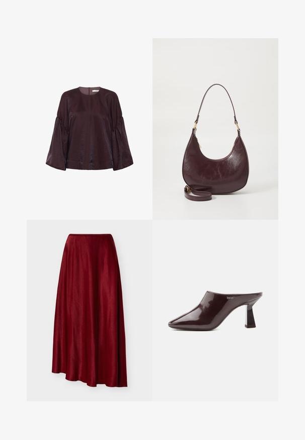 Blusa burdeos de manga larga con cuello redondo, mangas fruncidas y un ligero brillo. Cuenta con un cierre de cremallera en la parte posterior.; Falda larga de satén rojo oscuro, fluida, con dobladillo asimétrico y textura suave, mostrada sobre un fondo liso y claro.; Mule marrón oscuro brillante con puntera puntiaguda, tacón de bloque y logotipo de DKNY en el lateral, exhibido sobre un fondo blanco liso.; Bolso de hombro de cuero burdeos con forma curva, cierre de cremallera y correa desmontable. Presenta una textura suave y detalles en dorado.