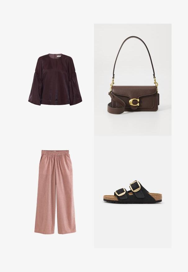 Bordeaux, blouse met lange mouwen en een ronde halslijn, met gegolfde mouwen en een subtiele glans. Voorzien van een rits aan de achterkant.; Wijde broekspijpen gemaakt van lichtgewicht stof met een rood-wit geblokt patroon. Voorzien van een elastische tailleband voor comfort.; Zwarte suède instapsandalen met twee brede bandjes, elk met een grote gouden gesp, en een natuurlijke kurken voetbed met een gestructureerde rubberen zool.; Bruine leren handtas met een gouden sluiting, een verstelbare schouderriem en een klep sluiting. Inclusief een klein bijgevoegd label voor extra detail.