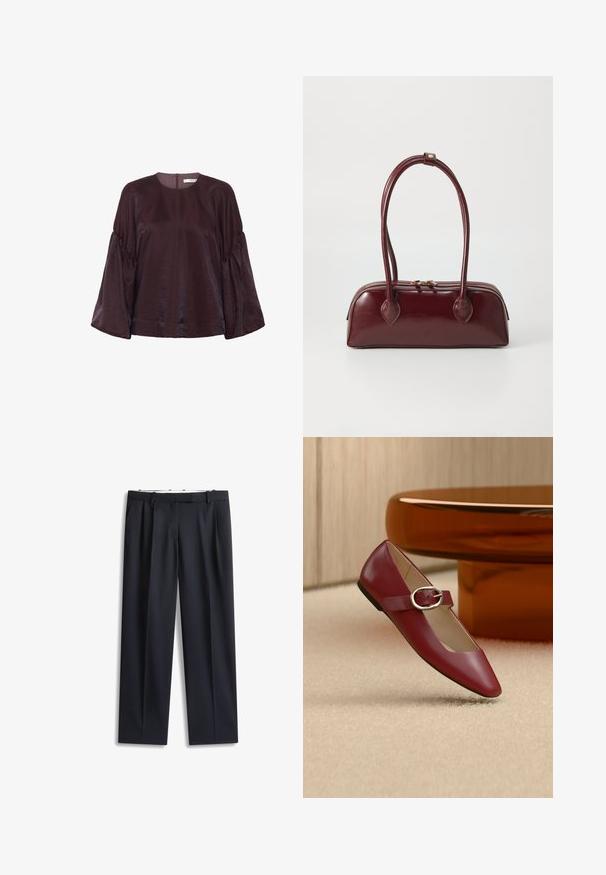 Bordeaux, blouse met lange mouwen en een ronde halslijn, met gegolfde mouwen en een subtiele glans. Voorzien van een rits aan de achterkant.; Zwarte op maat gemaakte pantalon met riemlussen, plooien en voorzakken, plat liggend tegen een witte achtergrond.; Rode leren Mary Jane platte schoen met een zilveren gesp, weergegeven op een beige tapijt naast een bruine ronde tafel.; Bordeaux leren handtas met een gebogen vorm, dubbele handvatten, ritssluiting en subtiele stiksels. Gladde, hoogglanzende afwerking.