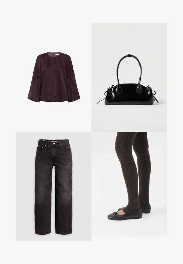 Burgundia, pikad varrukad, ümmarguse kaelusega pluus, millel on kogutud varrukad ja peen sära. Siselukuga tagakülg.; Levi's® BAGGY DAD - Baggy fit teksad - shrink up; Jalad seljas tumedad soonelises soonelises kombines mustade baleriinadega, millel on väikesed paelade detailid valgel taustal.; Väike must läikiv käekott kahe pika sangaga ja külgedel paelakinnitustega, ühel lihtsal helel taustal.