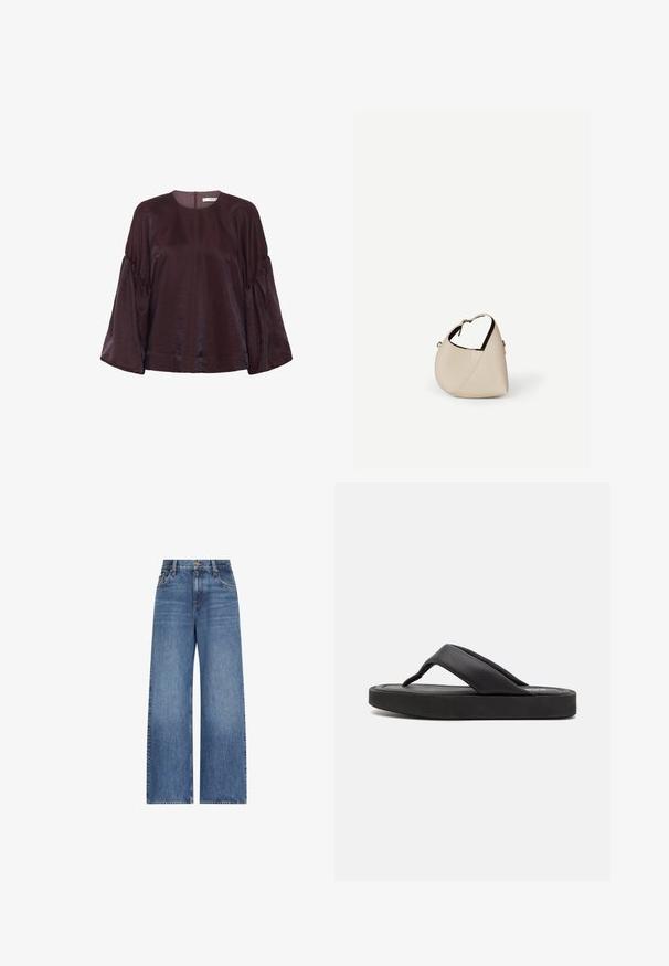 Bordeaux, blouse met lange mouwen en een ronde halslijn, met gegolfde mouwen en een subtiele glans. Voorzien van een rits aan de achterkant.; Blauwe high-waist wijde jeans met knoop en rits aan de voorkant, met riemlussen en klassiek ontwerp met vijf zakken.; Zwarte teenslipper met een brede teenpost en een zachte synthetische bovenkant. Beschikt over een dikke rubberen zool met een gestructureerde voetbed voor grip.; Beige leren handtas in halvemaanvorm met een enkele schouderband en minimale stiksels, afgebeeld tegen een effen witte achtergrond.