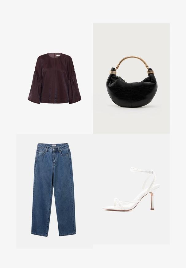 Bordeaux, blouse met lange mouwen en een ronde halslijn, met gegolfde mouwen en een subtiele glans. Voorzien van een rits aan de achterkant.; Klassieke blauwe denim jeans met een rechte pijp, vijf zakken en een knoopsluiting. Heeft een middelgrote wasbeurt en stevige textuur.; Witte sandaal met hoge hak, dunne enkel- en teenbandjes versierd met kleine pareldetails en een gesp sluiting.; Zwarte halvemaanvormige handtas met een gestructureerd oppervlak en een goudkleurige stijve handgreep met spiraalvormige versieringen.