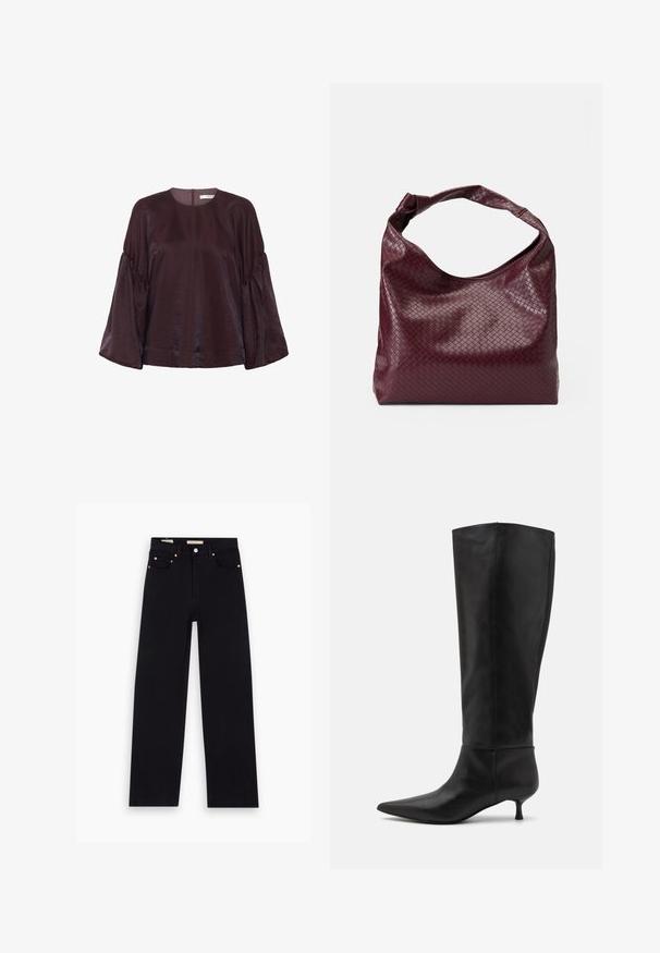 Bordeaux, blouse met lange mouwen en een ronde halslijn, met gegolfde mouwen en een subtiele glans. Voorzien van een rits aan de achterkant.; Zwarte denim jeans met een recht model, vijf zakken, koperen hardware en een gladde textuur. Twee labels zichtbaar op de tailleband.; Zwarte leren laarzen tot de knie met een spitse neus en een kittenheel. Gladde textuur en minimalistisch ontwerp zonder zichtbare hardware of accenten.; Bordeauxrode tas met een gestructureerd, geweven patroon, zacht leermateriaal en een enkele, geknoopte handgreep. Ruim, hobo-stijl ontwerp.