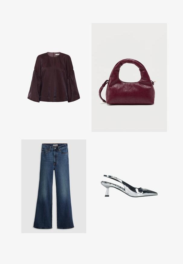 Bordeaux, blouse met lange mouwen en een ronde halslijn, met gegolfde mouwen en een subtiele glans. Voorzien van een rits aan de achterkant.; Wijde jeans in donkerblauw denim, met een hoge taille, vijf zakken en contrasterend stiksel langs de naden en tailleband.; sacha Klassieke pumps - silver; Bordeaux leren handtas met een afgeronde handgreep, reliëf diamantpatroon, afneembare schouderband en subtiele gouden hardwareaccenten.