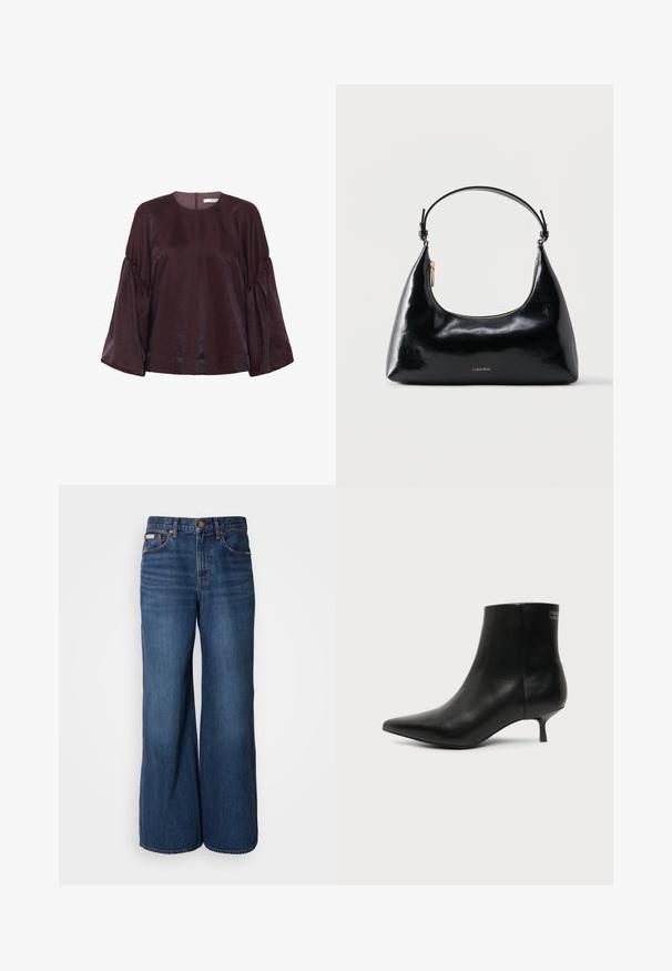 Blusa burdeos de manga larga con cuello redondo, mangas fruncidas y un ligero brillo. Cuenta con un cierre de cremallera en la parte posterior.; Vaqueros de pierna ancha hechos de denim azul oscuro. Incluyen una cintura alta, cinco bolsillos y costuras en contraste de color naranja a lo largo de las costuras.; Botín de piel negra con puntera puntiaguda y tacón bajo estilo kitten sobre fondo claro, mostrando vista lateral exterior.; Bolso negro brillante de Calvin Klein con cremallera dorada y correa corta sobre un fondo blanco liso.