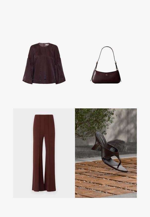 Blusa burdeos de manga larga con cuello redondo, mangas fruncidas y un ligero brillo. Cuenta con un cierre de cremallera en la parte posterior.; Pantalones de pierna ancha marrones con cintura alta, hechos de una tela suave que presenta costuras verticales en el frente y un dobladillo terminado de manera impecable.; Sandalia de tiras con tacón marrón de Calvin Klein suspendida sobre suelo exterior de loseta de madera y grava, con fondo desenfocado de vegetación y piedras.; Bolso de mano de cuero burdeos oscuro con una delgada correa negra para el hombro y pequeño logo dorado "cK" en el centro delantero.