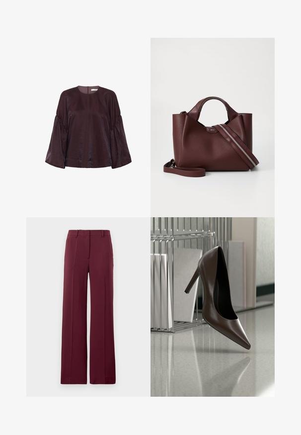 Bordeaux, blouse met lange mouwen en een ronde halslijn, met gegolfde mouwen en een subtiele glans. Voorzien van een rits aan de achterkant.; Bordeaux wijde pijpen broek gemaakt van een gladde stof, met een rechte voorkant, riemlussen en een op maat gemaakte uitstraling met geplooide details.; Donkerbruine leren schoen met hoge hak zwevend boven een reflecterende vloer naast een metalen rek met witte panelen in een kamer.; Bordeaux leren handtas met een gestructureerd oppervlak, twee korte handvatten en een afneembare schouderband met een zilveren ritsdetail.
