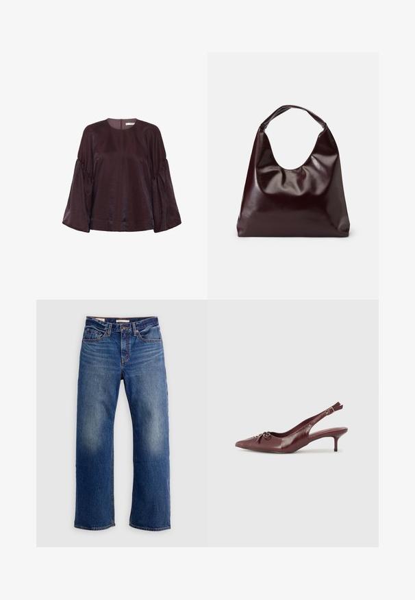 Bordeaux, langærmet bluse med rund halsudskæring, rynkede ærmer og en subtil glans. Har en lynlåslukning i ryggen.; Blå straight-leg denimjeans med forlommer, bæltestropper og falmning på lårene, vist på en ensfarvet hvid baggrund.; Bordeaux læder slingback hæl med spidse tå, justerbar rem og dekorativ sløjfedetalje foran. 7,5 cm hælhøjde.; Bordeaux, skinnende vegansk læder tote taske med en blød, skulpturel form og et bredt, buet håndtag for nem bæring.