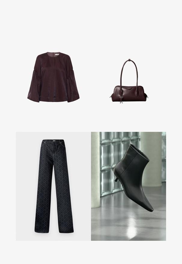 Bordeaux, blouse met lange mouwen en een ronde halslijn, met gegolfde mouwen en een subtiele glans. Voorzien van een rits aan de achterkant.; Donkerblauwe wijde spijkerbroek met een geometrisch patroon, gemaakt van denim. Voorzien van metalen knoop, ritssluiting en gestikte voorkruiszakken.; Zwarte leren enkellaars met spits toelopende neus en lage kittenhak, schuin weergegeven tegen een gepolijste vloer en een glazen blokken muur als achtergrond.; Donkerbruine leren Calvin Klein handtas met lange dubbele handvatten en een kleine logo-sierhanger die aan één handvat hangt.