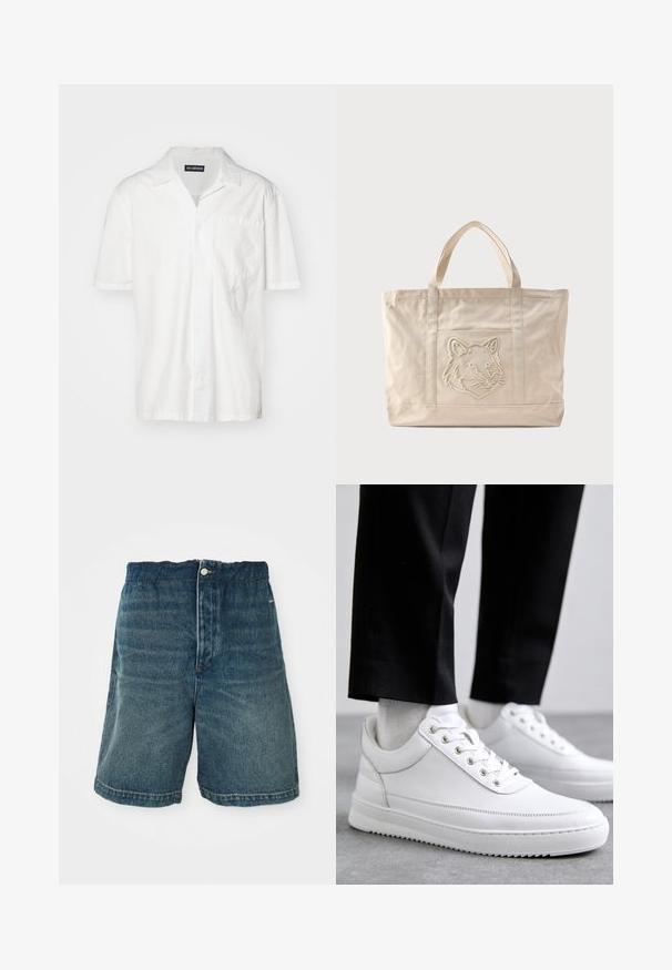 Korte mouwen witte shirt in een katoenmix, met een puntkraag, een borstzak en een subtiele geborduurde accent aan de linkerkant.; Donkerblauwe denimshorts met een losse pasvorm, voorzien van een knoopsluiting en zichtbare stiksels langs de zoom en de zakken.; Witte leren sneakers met een platte rubberen zool, met een soepele afwerking, ronde neus en metalen oogjes voor de veters. Draag ze met een zwarte broek.; Beige canvas tas met dubbele handvatten en een reliëf ontwerp van een wolfskop op het voorvak.