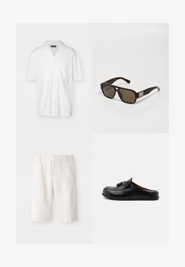 Korte mouwen witte shirt in een katoenmix, met een puntkraag, een borstzak en een subtiele geborduurde accent aan de linkerkant.; Linnen shorts in lichtbeige met een elastische tailleband, zijzakken en een rechte snit. Vlotte textuur met minimaal zichtbare stiksels.; Zwarte leren backless loafer met kwastjes aan de bovenkant, zijaanzicht op een lichte effen achtergrond.; Schildpadbril met vierkante montuur, bruin getinte lenzen en een metallic accent aan de zijkant. Zacht plastic materiaal.