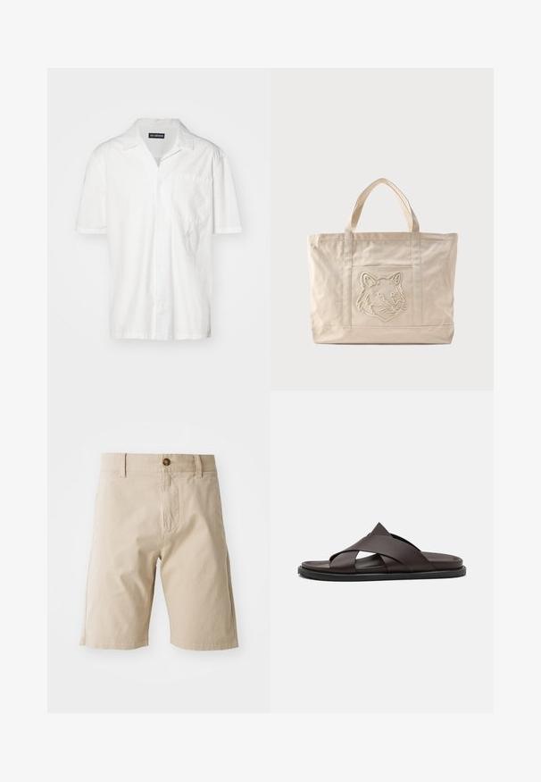 Korte mouwen witte shirt in een katoenmix, met een puntkraag, een borstzak en een subtiele geborduurde accent aan de linkerkant.; Beige katoenen shorts met een knoopsluiting, riemlussen en zijzakken; gladde textuur en rechte snit.; Stuart Weitzman BERKLEY - Muiltjes - espresso; Beige canvas tas met dubbele handvatten en een reliëf ontwerp van een wolfskop op het voorvak.