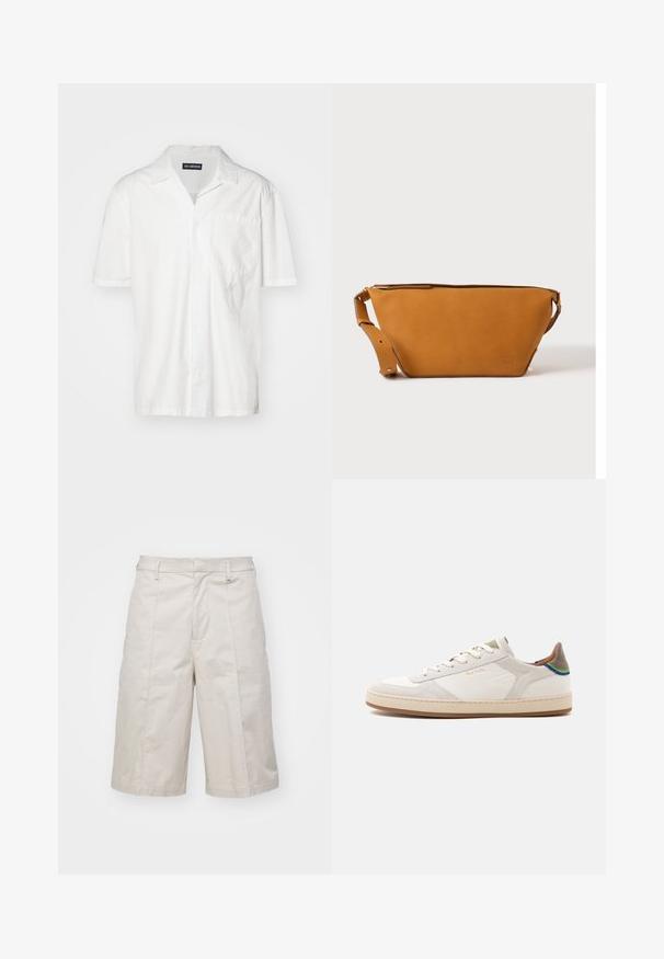 Korte mouwen witte shirt in een katoenmix, met een puntkraag, een borstzak en een subtiele geborduurde accent aan de linkerkant.; Beige katoenen shorts met een rechte snit, knie-lang, met twee voorzakken en subtiele plooien voor extra textuur.; Witte lage sneaker met beige zool, veters aan de voorkant, groene en blauwe detail op de hiel en subtiel gouden "Paul Smith" logo aan de zijkant.; Lichtbruine leren crossbodytas met verstelbare band en ritssluiting, getoond tegen een effen lichte achtergrond.