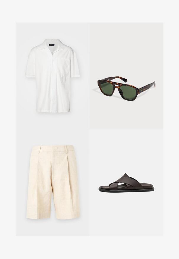Kurzärmliges weißes Hemd aus Baumwollmischung, mit spitzem Kragen, Brusttasche und einem dezenten gestickten Akzent auf der linken Seite.; Beige Leinen-Shorts mit hoher Taille, vorderen Falten, Gürtelschlaufen und geradem, knielangem Schnitt.; Stuart Weitzman BERKLEY - Pantolette flach - espresso; Rechteckige Sonnenbrille mit Schildpattmuster, dunkelgrünen Gläsern und einem Schlüsselloch-Stegbügel auf neutralem Hintergrund.