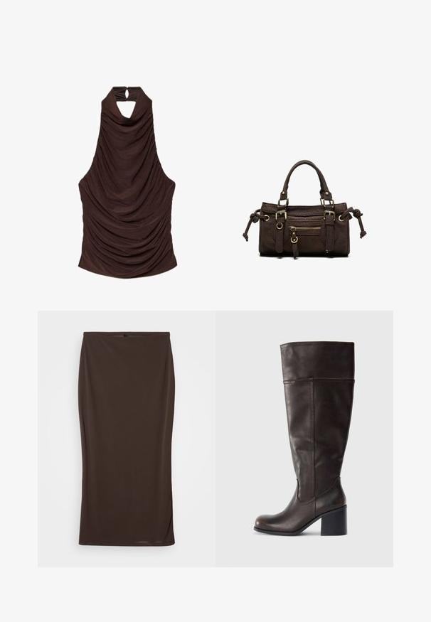 Haut sans manches marron foncé à col licou, avec un tissu drapé formant de doux plis et une petite ouverture en forme de keyhole fermée par un bouton au niveau du col.; Jupe midi marron en tissu extensible, design ajusté, texture lisse et apparence simple et sans embellissement.; Botte en cuir marron hauteur genou avec un bout rond et un talon empilé. Présente une texture lisse et des coutures latérales.; Sac à main en cuir marron foncé avec double poignée, poche avant zippée, boucles décoratives et nœuds latéraux sur fond blanc.