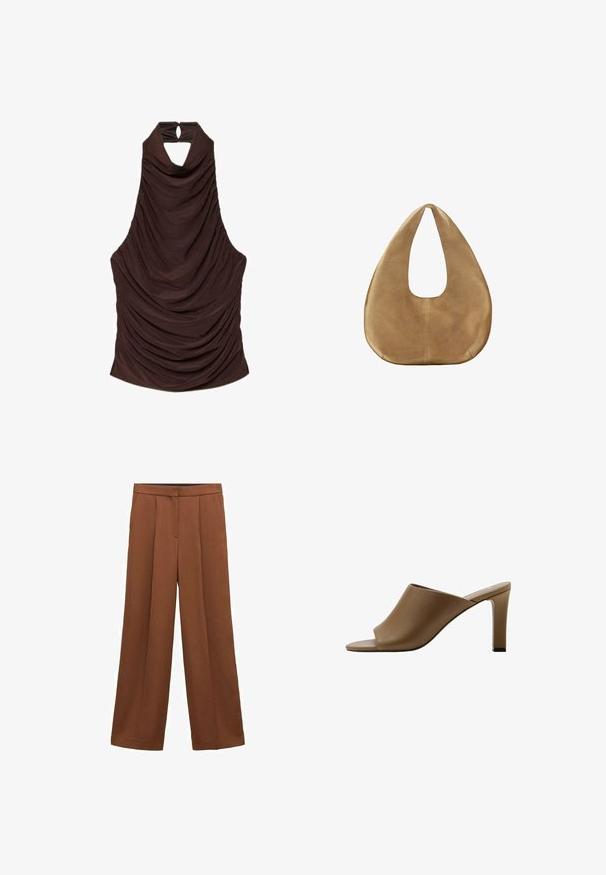 Haut sans manches marron foncé à col licou, avec un tissu drapé formant de doux plis et une petite ouverture en forme de keyhole fermée par un bouton au niveau du col.; Pantalon large marron taille haute avec plis à l'avant et poches latérales, doté d'une fermeture éclair dissimulée à l'avant et d'une fermeture au niveau de la ceinture.; Mule à talon haut marron à bout ouvert avec une large bride supérieure et un talon fin sur fond blanc.; Sac hobo en daim couleur camel avec un corps large et arrondi et une seule anse plate, présenté sur fond blanc uni.