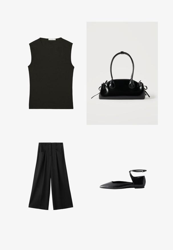 Top noir sans manches en tissu lisse ; coupe ajustée avec un col rond ; aucun motif ni accent visible.; Pantalon noir à jambes larges avec poches avant, passants de ceinture et taille haute, présenté sur fond blanc.; Chaussure plate noire à bout pointu, talon fermé et fine bride à la cheville avec boucle sur fond blanc.; Petit sac à main noir brillant avec deux longues anses et des détails à cordon sur les côtés sur un fond clair uni.