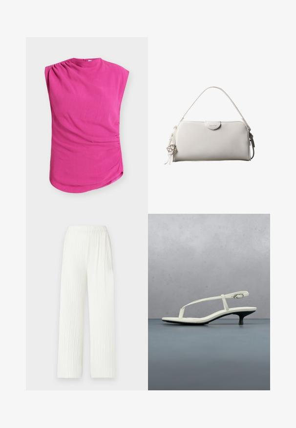 Fuchsia mouwloze top met een gedrapeerde halslijn en geplooide details op de schouder, uitgevoerd in een gladde, lichte stof met een afgeronde zoom.; Witte, geplooide bredere broek met een elastische tailleband. Gemaakt van lichtgewicht stof, met verticale strepen en een vloeiende pasvorm.; Witte sandaal met smalle bandjes en kitten heel, met een spitse neus, zwevend boven een houten tegelvloer buiten, met op de achtergrond een wazige plant en muur.; Witte rechthoekige Calvin Klein handtas met enkele handgreep, minimalistisch ontwerp en decoratieve kwastjes met geometrische metalen hanger aan de zijkant.