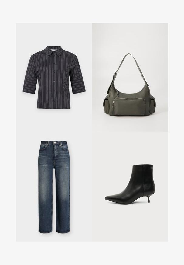 Chemise noire à manches courtes avec boutons, ornée de fines rayures blanches verticales et d'un col pointu, présentée sur un fond blanc uni.; Jean droit taille haute bleu foncé avec poches avant, passants de ceinture, fermeture par bouton et détails délavés subtils sur les cuisses et les genoux.; Bottine en cuir noir avec bout pointu et petit talon kitten sur fond clair, vue côté extérieur.; Sac à épaule en cuir vert avec un design arrondi, poche zippée à l'avant et poches supplémentaires sur les côtés. Texture lisse et matériel minimal.