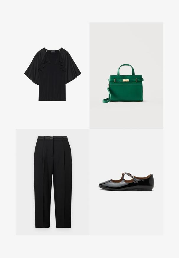Haut noir avec des manches courtes et volantes et un col rond. Le matériau semble lisse avec un léger éclat. Design décontracté.; Pantalon noir taille haute sur mesure, avec poches latérales et une fine ceinture assortie avec une boucle rectangulaire en métal.; Chaussure plate Mary Jane en cuir verni noir avec deux découpes et une bride à boucle dorée sur fond blanc.; Sac à main en cuir vert avec poignée sur le dessus, fermoir doré et bandoulière amovible sur un fond uni clair.