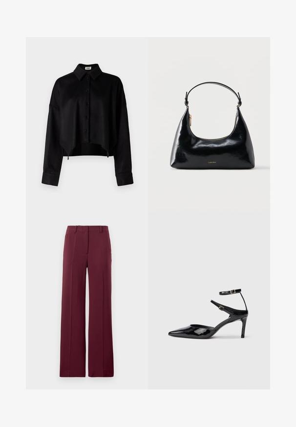 Sort cropped skjorte med knapper og krave, der har en glat tekstur, lange ærmer og en rundet kant. Knapperne er sorte.; Burgundy vide bukser lavet af glat stof, med flad front, bæltesløjfer og et skræddersyet design med foldede detaljer.; Sorte laklæderhæle med spids tå, justerbare ankelstropper og en slank hæl. Glat tekstur med en skinnende finish.; Sort blank Calvin Klein håndtaske med gyldent lynlås og kort rem mod en ensfarvet hvid baggrund.