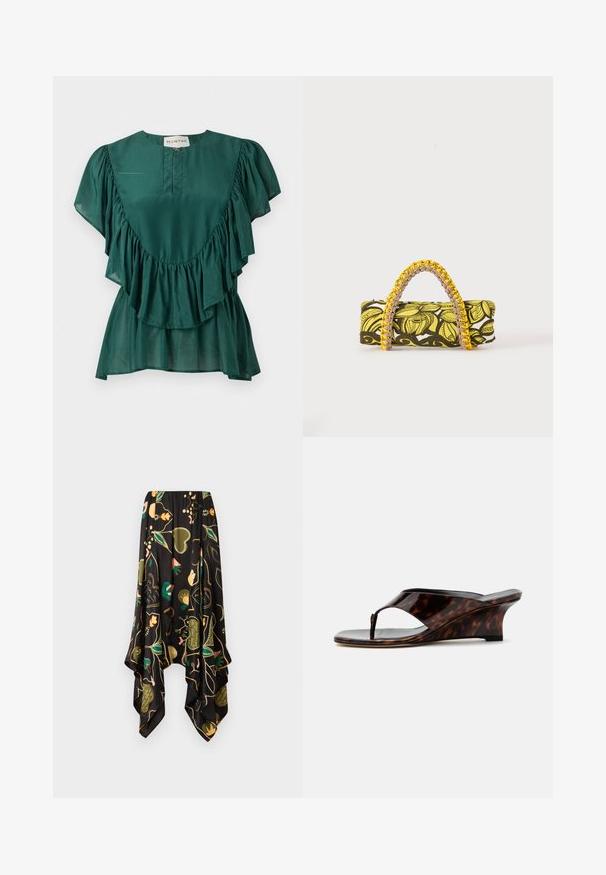 Blouse vert foncé à manches courtes avec des détails volantés le long de la poitrine et des manches, et une petite fermeture éclair à l'avant sous l'encolure.; Jupe asymétrique noire avec motifs floraux et cœurs verts, pêche et jaunes, dotée d'un ourlet fluide en forme de mouchoir.; Sandale à talon compensé pour femme avec motif écaille, bout ouvert et bride entre les orteils, vue de profil sur fond blanc.; Sac rectangulaire avec motif floral jaune et noir et anse tressée jaune et rose sur fond blanc.