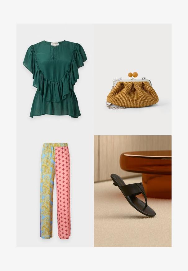 Blouse vert foncé à manches courtes avec des détails volantés le long de la poitrine et des manches, et une petite fermeture éclair à l'avant sous l'encolure.; Pantalon large à taille élastique ; jambe gauche bleue avec un imprimé cachemire doré, jambe droite rose avec un motif losange géométrique rouge.; Sandale en cuir noir avec talon bas flottant au-dessus d'un tapis beige près d'une table ronde marron dans un cadre intérieur minimaliste.; Petite pochette tissée marron avec cadre métallique argenté, deux fermoirs ronds en bois, et une courte chaîne argentée sur fond blanc.