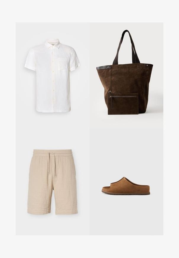 Scotch & Soda CORE SHIRT - Πουκάμισο - off white; Μπεζ βερμούδα από βαμβακερό μείγμα με ελαστική μέση, ρυθμιζόμενο κορδόνι, υφή υφάσματος και τελείωμα μέχρι το γόνατο.; Καφέ σάνδαλο slide από σουέτ με ανοιχτή μύτη, επίπεδη λαστιχένια σόλα και διακριτική λεπτομέρεια με λογότυπο στο πλάι. Ομαλή υφή σε όλο το παπούτσι.; Τσάντα tote από σκούρο καφέ σουέντ με μαύρες λαβές και ένα ορθογώνιο pouch με φερμουάρ μπροστά που ταιριάζει.
