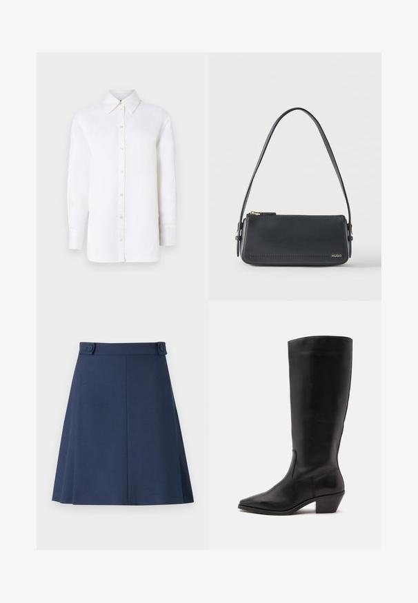Chemise blanche en lin à col pointu, à manches longues et à fermeture boutonnée. Présente une coupe décontractée et une texture lisse.; Jupe A-line bleu marine en tissu lisse, avec deux boutons décoratifs à la taille et des détails subtils sur les coutures latérales.; Botte en cuir noire mi-mollet avec un bout pointu et un talon bas incliné sur un fond clair uni.; Sac à bandoulière rectangulaire en cuir noir avec fermeture éclair dorée et petit logo "HUGO" doré sur le devant, doté d'une sangle réglable avec boucle.