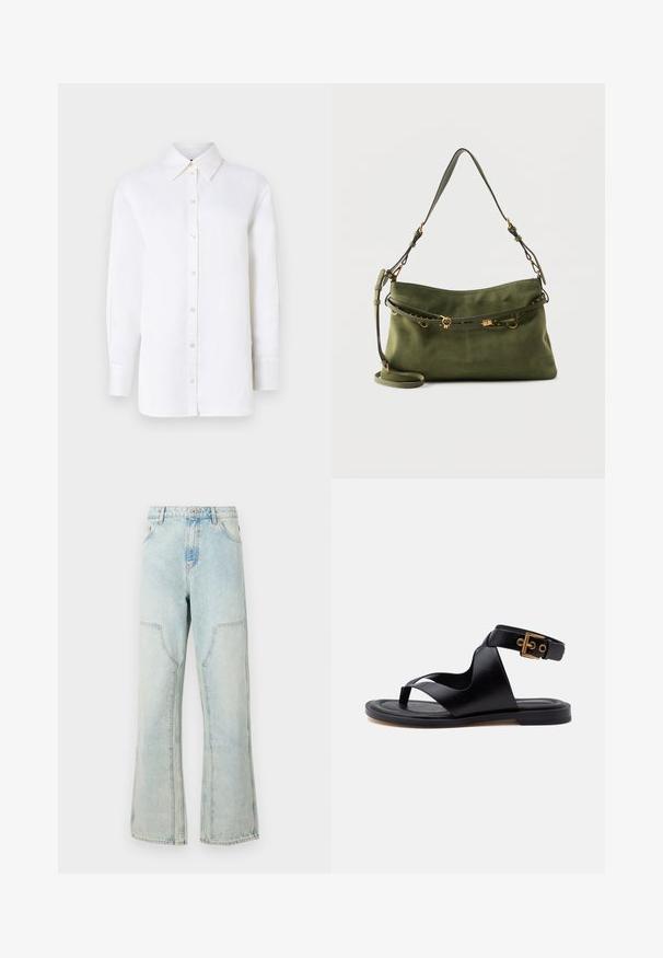 Witte linnen overhemd met een puntkraag, lange mouwen en knoopsluitingen. Heeft een ontspannen pasvorm en een gladde textuur.; Lichtblauwe denim jeans met een losse pasvorm, wijde benen en voorzakken. Voorzien van een knoopsluiting en riemlussen.; Zwarte platte sandalen met een teenlus, brede leren kruisriemen en een enkelbandje met een goudkleurige gesp.; Schoudertas van olijfgroen suède met verstelbare riem en een dun versierde band met details van goudkleurig metaal.