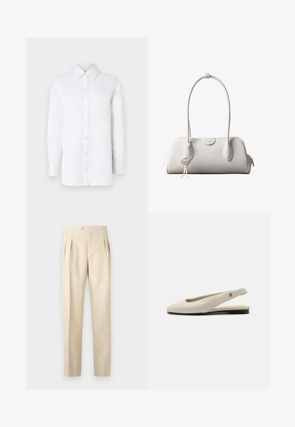 Camisa de lino blanca con cuello puntiagudo, mangas largas y cierres de botón. Presenta un corte relajado y una textura suave.; Pantalones de talle alto en color beige con pliegues frontales, cierre de un solo botón y diseño de pierna recta. Fabricados con una tela Texturada y tejida.; Zapato plano slingback de cuero color crema con puntera redondeada y pequeño emblema dorado en la correa.; Bolso de hombro blanco de Calvin Klein con asas largas, forma rectangular, cierre de cremallera y charm decorativo con el logo colgando cerca del asa.