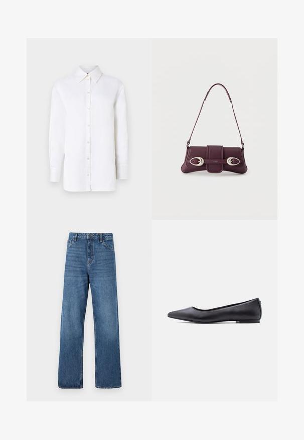 Hvid linned skjorte med knapper, spidse kraver, lange ærmer og knaplukninger. Har en afslappet pasform og en glat tekstur.; Blå højttaljede denimjeans med vide ben, der har en glat tekstur, minimale syningsdetaljer og en klassisk fem-lomme-stil.; Sort flad lædersko med spidst tåparti og lav hæl, vist i sideprofil mod en hvid baggrund.; Mørkelilla skuldertaske i læder med sølvfarvede ovale spænder og "HUGO"-logo på frontklappen, tynd rem, minimalistisk design.