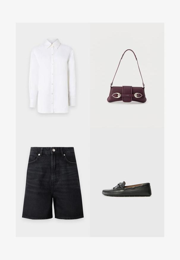 Chemise blanche en lin à col pointu, à manches longues et à fermeture boutonnée. Présente une coupe décontractée et une texture lisse.; Shorts en denim noir taille haute, avec poches avant et fermeture à bouton en métal argenté. Texture lisse avec des détails de décoloration subtils.; Bateau en cuir noir avec un bout arrondi, des détails de couture, un petit accent en nœud et une semelle en caoutchouc. Texture lisse et design épuré.; Sac à bandoulière en cuir violet foncé avec boucles ovales argentées et logo "HUGO" sur le rabat avant, bandoulière fine, design minimaliste.