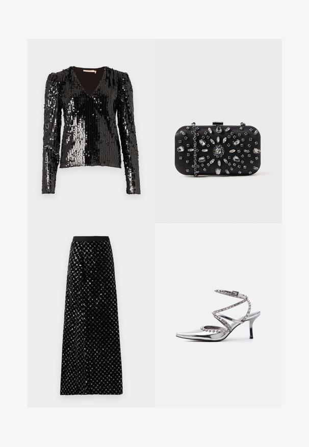 Haut à manches longues noir en sequins, avec un décolleté en V et des épaules bouffantes, présentant une surface lisse et texturée qui reflète la lumière.; Jupe maxi en velours noir ornée d'un motif de sequins en diamant, avec une taille lisse et une silhouette droite.; Chaussure à talon haut argentée à bout pointu avec bride à la cheville et clous décoratifs en forme de boules argentées sur les lanières et les bords, sur fond blanc.; Pochette noire de forme rectangulaire, ornée de divers strass disposés en motifs floraux, dotée d'une chaîne en argent pour le transport.