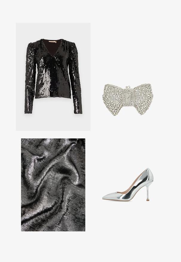 Top negro con lentejuelas de manga larga que presenta un escote en V y hombros abullonados, con una superficie lisa y texturizada que refleja la luz.; Tejido texturizado en negro y plata con un acabado brillante, que presenta ondas suaves y fluidas con un sutil brillo.; Zapato de salón plateado metálico con punta afilada, tacón de aguja delgado y acabado liso y brillante.; Clutch en tono plata con forma de lazo adornado con strass claros y un cierre de cristal en la parte superior.