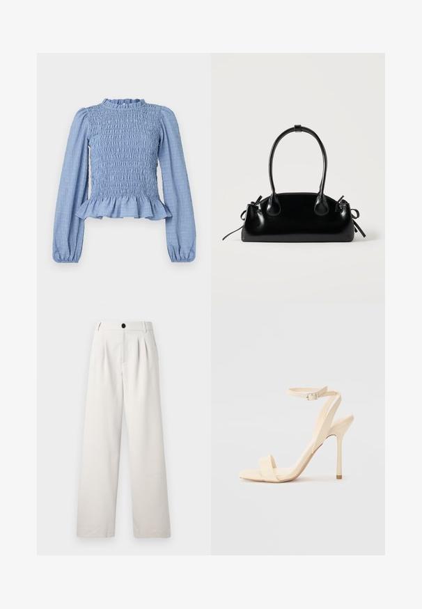 Blusa azul claro con fruncidos, mangas largas, escote con volantes, dobladillo peplum y tejido texturizado con un patrón arrugado.; Pantalones de pierna ancha beige fabricados con un tejido suave, que presentan pliegues frontales, un cierre de botón único y bolsillos laterales para mayor funcionalidad.; Sandalia de tacón alto beige con una delgada correa en el tobillo y puntera cuadrada. Material sintético suave, diseño minimalista y tacón de aguja.; Pequeño bolso negro brillante con dos asas largas y detalles de cordón lateral sobre un fondo claro liso.
