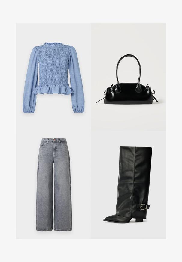 Lyseblå smockbluse med lange ærmer, flæsekrave, peplumslutning og tekstureret stof med en krøllet mønster.; Bredde ben denim jeans i en falmet grå vask, med fem lommer, en knaplukning og en blød tekstur med subtile fældningsdetaljer.; Sorte læder ankelstøvler i ankellængde med spids tå, glat tekstur og en sølvspændeaccents på siden. Kraftig firkantet hæl.; Lille sort blank håndtaske med to lange håndtag og snøre-detaljer i siden på en ensfarvet lys baggrund.