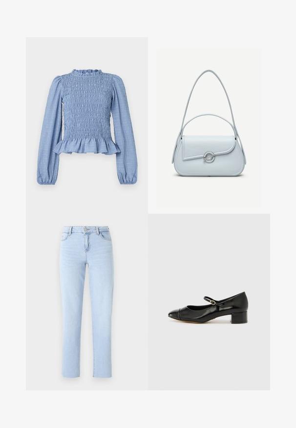 Lyseblå smockbluse med lange ærmer, flæsekrave, peplumslutning og tekstureret stof med en krøllet mønster.; Lyseblå lige ben jeans lavet af denim, med en standard talje, fem lommer og subtile sømdetaljer.; ALDO DECIMA - Pumps - black; Lyseblå lædertaske med rundet flap, sølvfarvet cirkulært lås og to skulderstropper mod en ensfarvet baggrund.