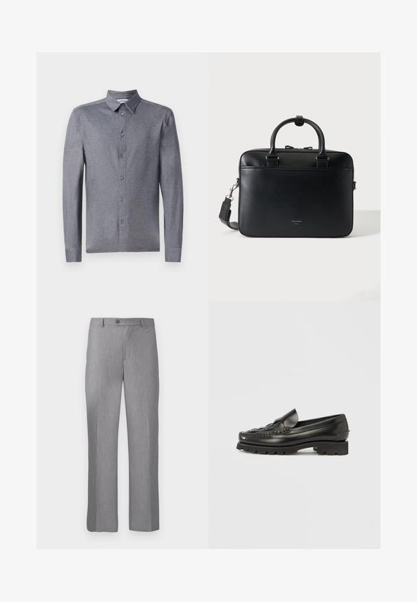 Chemise grise à manches longues avec col classique, en tissu léger et texturé, dotée de six boutons à l'avant.; Pantalons habillés gris sur mesure avec passants de ceinture, bouton frontal et braguette zippée, dotés d'une coupe droite.; Mocassins en cuir noir avec un design cousu, bout arrondi et semelle en caoutchouc épaisse. Dotés d'une bride décorative à l'avant.; Porte-documents en cuir noir avec doubles poignées et bandoulière détachable, design minimaliste sur fond uni.