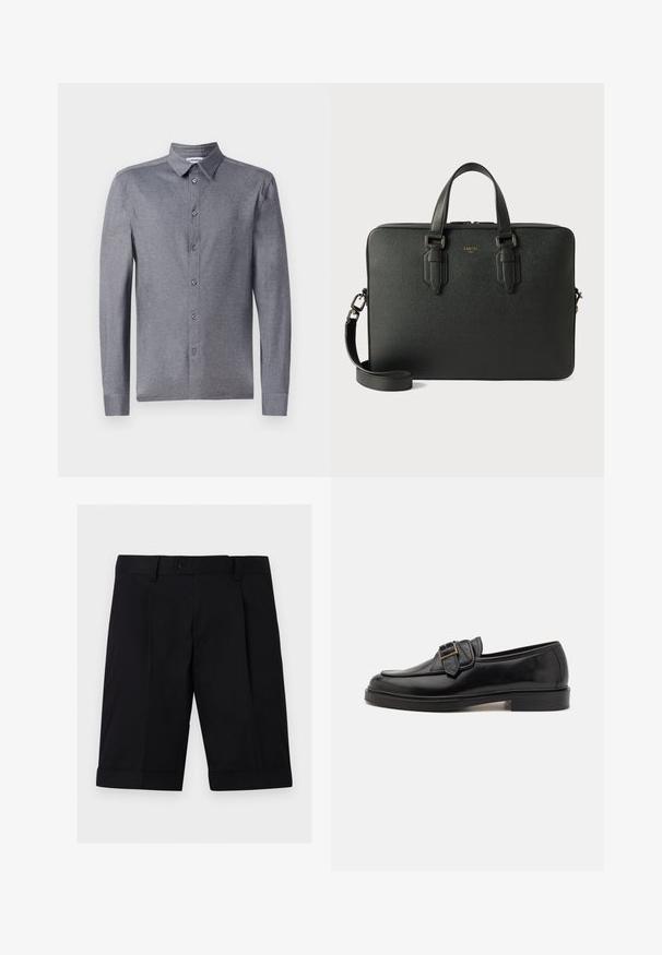 Chemise grise à manches longues avec col classique, en tissu léger et texturé, dotée de six boutons à l'avant.; Shorts noirs sur mesure à la longueur genou avec une taille boutonnée, des passants de ceinture et des ourlets retroussés sur un fond clair uni.; Mocassins en cuir noir avec un bout arrondi et une boucle décorative. Talon plat, solide et texture lisse sur l'ensemble.; Serviette en cuir noir avec surface texturée, doubles poignées supérieures, bandoulière amovible et logo discret. Design rectangulaire élégant.